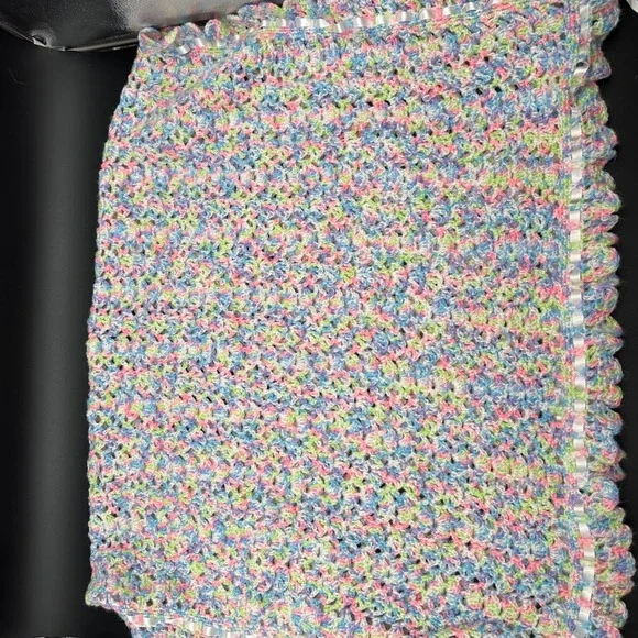 Crochet Baby Blanket White Ribbon Trim‎ Multi Pastel Colors Nursery Decor - Picture 3 of 3